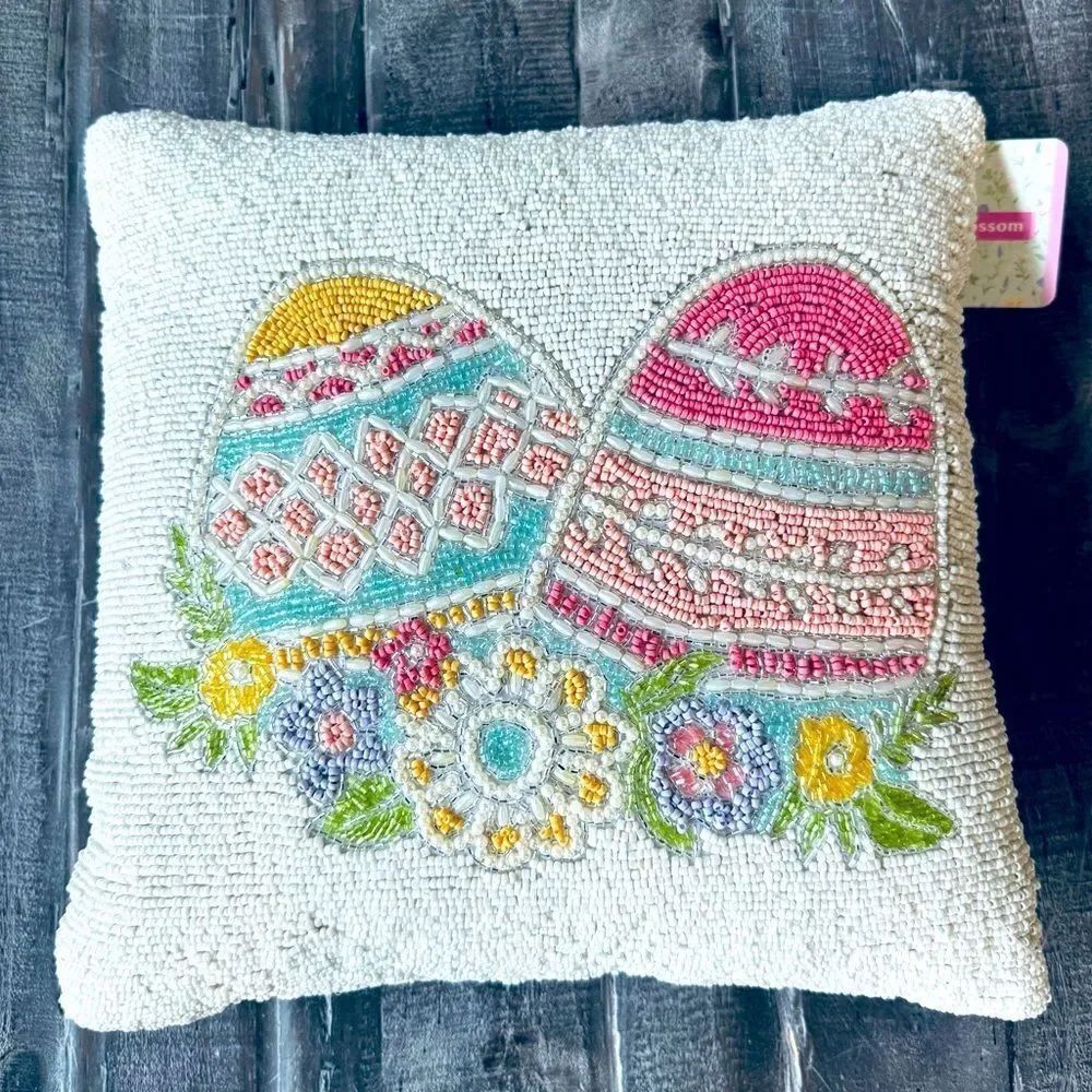 Spring Easter Eggs Allover Beaded Decor Throw Pillow